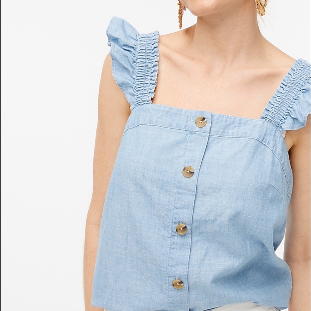 Light Blue Ruffle Strap Button-Down Top